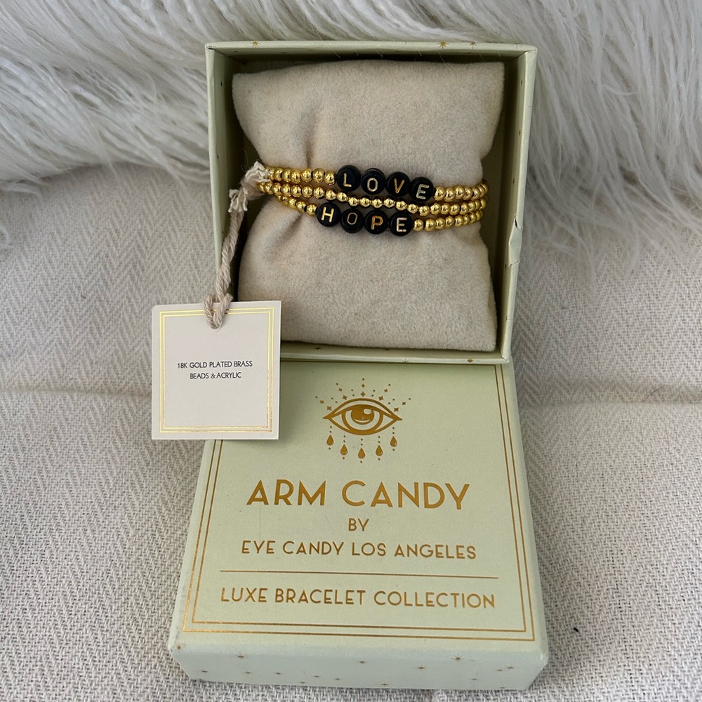 eye candy Gold Beaded Bracelet Set with Black Letter Discs